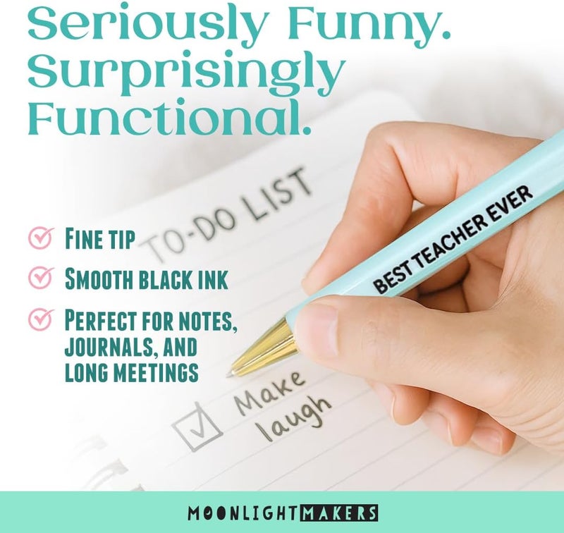 Moonlight Makers Funny Pens — Cute Pens for Teachers, Snarky Black Ink Ballpoint with Sayings, Fine Point Office Desk Accessories for Women and Coworkers Gift Ideas, Set of 5, Best Teacher Ever - Image 2